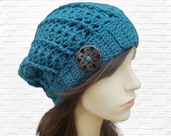 Crochet Women's Slouchy Beanie with Button, Women's Winter Hat Winter Beanie, Girls Hat, Woman's Hat, Boho, Hippie, Teal Hat, MADE TO ORDER