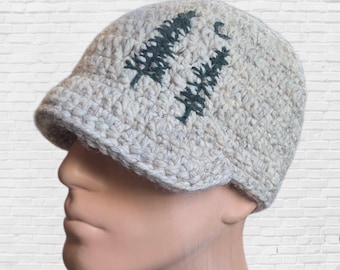 Wool Brimmed Beanie: Gray Winter Hat with Embroidered Pine Tree, Warm Winter Hat with Brim, Evergreen Tree Embroidered Hat