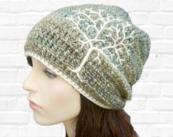 Slouchy Hat with Tree of Life, Tree Hat, Slouchy Beanie, Dread Hat, Slouch Hat, Green, Blue, Cream, Womens Hat, Mens Hat, Toque Hat