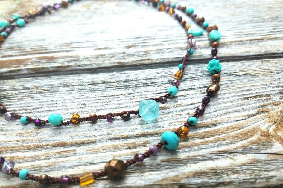 Glass Bead Necklace Aqua Purple Copper Long Necklace Wrap | Etsy