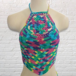 Mandala Crochet Halter Top, Crochet Bralette, Crochet Bikini Top, Boho Crop Top, Music Festival Top, Bright, Colorful Clothing,MADE TO ORDER
