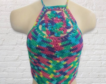 Mandala Crochet Halter Top, Crochet Bralette, Crochet Bikini Top, Boho Crop Top, Music Festival Top, Bright, Colorful Clothing,MADE TO ORDER