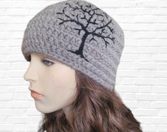 Crochet Winter Hat with Tree of Life, Mens Beanie, Guys Hat, Charcoal Gray Wool Hat, Knit Hat, Gift for Hippie Guy, READY TO SHIP