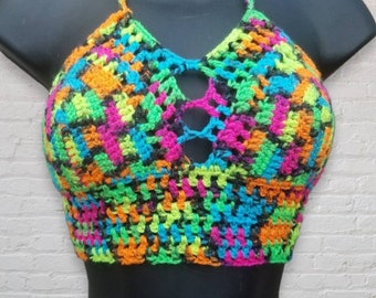 Neon Crochet Crop Top, Crochet halter top, Crochet Bikini top, Colorful Bralette, Bikini Top, Blacklight Responsive Top, MADE TO ORDER