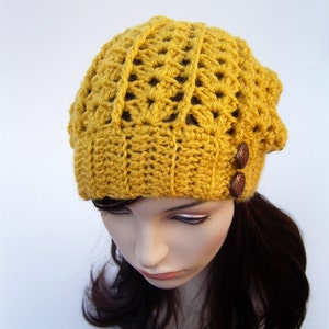 Womens Lacy Slouchy Winter Hat, Mustard Yellow with Copper Buttons, Woman's Crochet Beanie, Yellow Hat, Boho Beanie MADE TO ORDER image 1