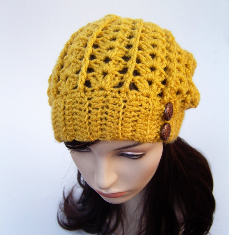 Womens Lacy Slouchy Winter Hat, Mustard Yellow with Copper Buttons, Woman's Crochet Beanie, Yellow Hat, Boho Beanie MADE TO ORDER image 1