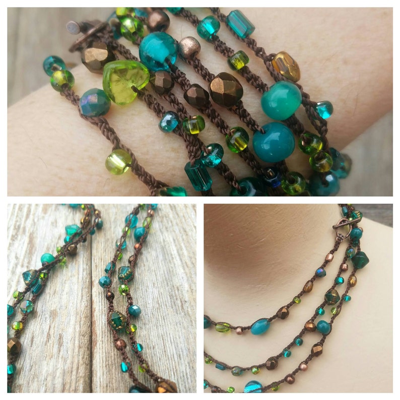 Versatile Long Necklace 7X Wrap Bracelet Headwrap Beaded Necklace Crochet Necklace Glass Bead Necklace Teal Copper Green Brown MADE TO ORDER