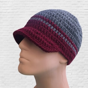 Men&#39;s Winter Hat, Striped Hat, Handmade Knit Hat, Wool Guys Cap, Gray and Burgundy, Winter Beanie with Visor, Striped Beanie - MADE TO ORDER