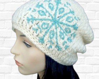 Women's Slouchy Hat with Snowflake Embroidery, Winter Hat Cream and Aqua, Wool Hat MADE TO ORDER