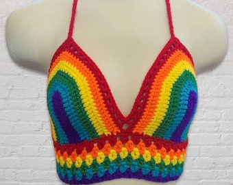 Crochet Rainbow Halter Top: Cotton Bralette, Pride Ally, Made to Order