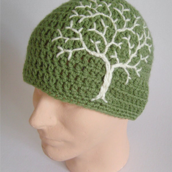 Beanie with Tree of Life Tree Beanie Mens Hat Guys HatTree Hat Womens Hat Hippie Hat Gypsy Hat Sage Green and Cream - MADE TO ORDER