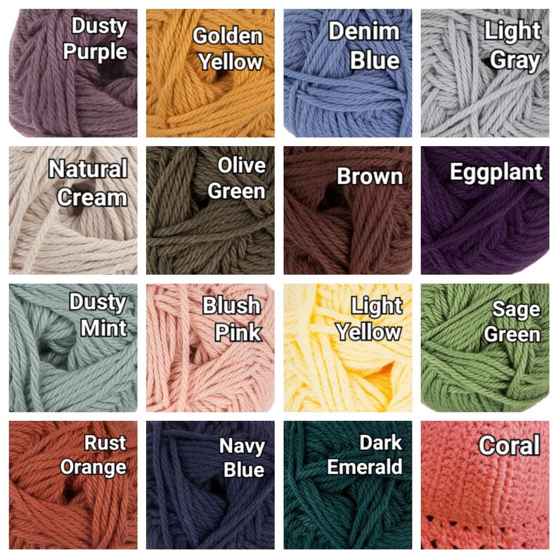 May include: A collection of 16 yarn skeins in various colors, including dusty purple, golden yellow, denim blue, light gray, natural cream, olive green, brown, eggplant, dusty mint, blush pink, light yellow, sage green, rust orange, navy blue, dark emerald, and coral.