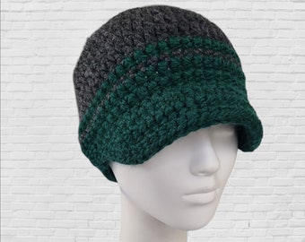 Men's Winter Hat, Striped Hat, Wool Hat, Gray, and Green, Men's Baseball Cap, Crochet Brimmed Beanie, Striped Beanie, Gift for Husband