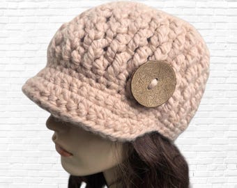 Women’s Alpaca Blend Crocheted Brim Beanie Hat with Wooden Button – Handmade Blush Pink Winter Hat, Soft Chunky Crochet Cap, Gift for Her