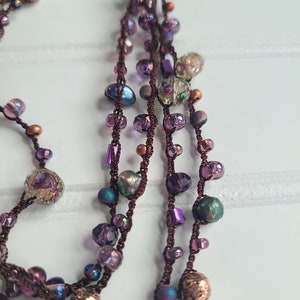 Long Crochet Beaded Necklace: Purple, Copper & Brown Glass Beads