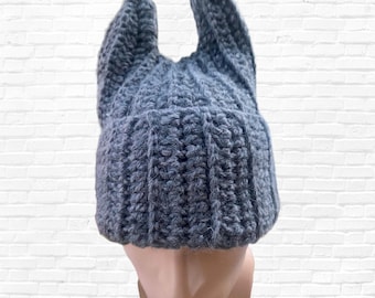 Evil Bunny Inspired Beanie with Horns, Crochet Bunny Hat, Hat With Bunny Ears, Gray Crochet Beanie, Cute Evil Bunny Beanie. Mens Hat Horns