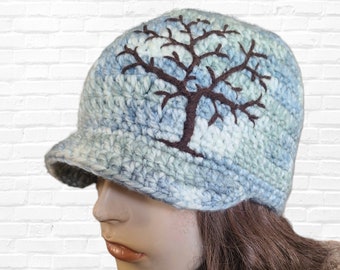 Brimmed Beanie with Tree of Life Embroidery, Women's Hat with Brim, Cotton Hat for Men, Sage Green, Brimmed Hats for Women, Hippie, Unique