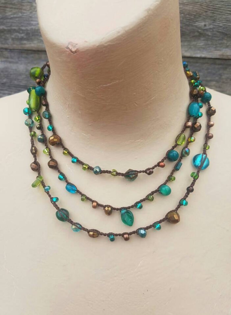 Versatile Long Necklace 7X Wrap Bracelet Headwrap Beaded Necklace Crochet Necklace Glass Bead Necklace Teal Copper Green Brown MADE TO ORDER