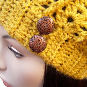 Womens Lacy Slouchy Winter Hat, Mustard Yellow with Copper Buttons, Woman's Crochet Beanie, Yellow Hat, Boho Beanie MADE TO ORDER image 3