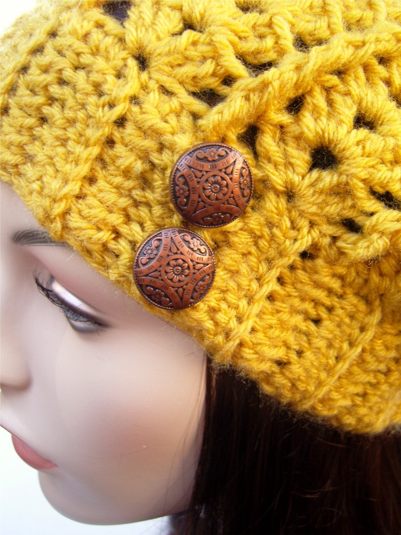 Womens Lacy Slouchy Winter Hat, Mustard Yellow with Copper Buttons, Woman's Crochet Beanie, Yellow Hat, Boho Beanie MADE TO ORDER image 3