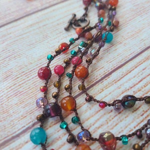 Long Crochet Beaded Necklace: Earth Tone Boho Jewelry