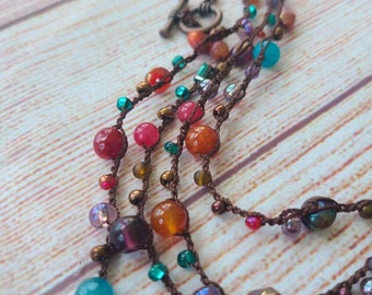 Long Crochet Beaded Necklace: Earth Tone Boho Jewelry