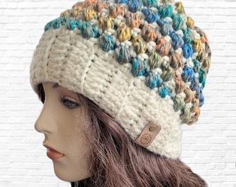 Striped Crochet Slouchy Beanie: Wool Acrylic Blend