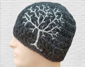 Crochet Men's/Unisex Winter Hat with Tree of Life, Mens Beanie Guys Hat Tree Hat Charcoal Gray Wool Hat, Knit Hat - MADE TO ORDER