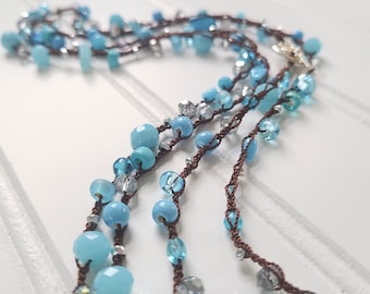 Long Beaded Necklace, Glass Bead Necklace Wrap Bracelet, Blue, Silver Brown Crochet Beaded Necklace, Christmas Gift for Mom, Gift for Her