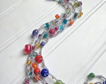 Boho Crochet Necklace: Lampwork Glass Beadwork, Convertible Wrap Bracelet