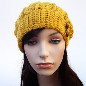 Womens Lacy Slouchy Winter Hat, Mustard Yellow with Copper Buttons, Woman's Crochet Beanie, Yellow Hat, Boho Beanie MADE TO ORDER image 5
