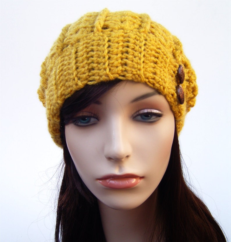 Womens Lacy Slouchy Winter Hat, Mustard Yellow with Copper Buttons, Woman's Crochet Beanie, Yellow Hat, Boho Beanie MADE TO ORDER image 5