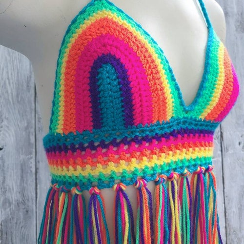 Crochet Halter Top with Fringe, Bohemian Hippie Top, Neon Rainbow Crochet Bikini Top, Women's Bikini Top, Colorful Crochet Top,MADE TO ORDER