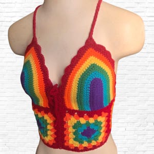 Crochet Rainbow Bikini Top, Crochet Rainbow Halter Top, Pride Colorful Crop Top, Rainbow Granny Square, Lgbtq Pride Festival, MADE TO ORDER
