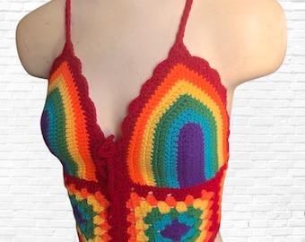 Crochet Rainbow Bikini Top, Crochet Rainbow Halter Top, Pride Colorful Crop Top, Rainbow Granny Square, Lgbtq Pride Festival, MADE TO ORDER