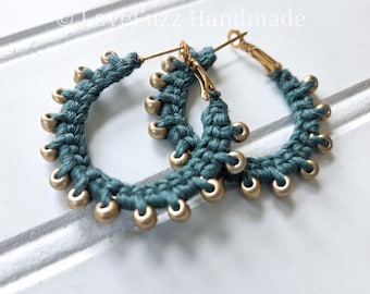 Crochet Hoop Earrings: Teal Cotton Thread, Gold Glass Beads, Nickel-Free