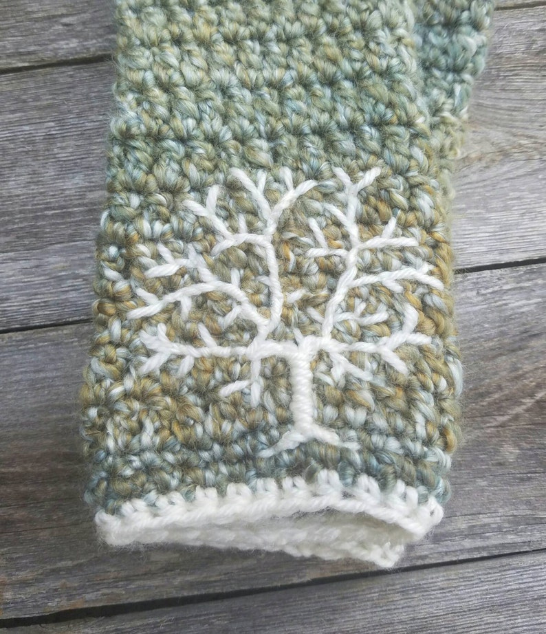 Womens Tree of Life Arm Warmers, Embroidered Fingerless Gloves, Green and Cream Fingerless Gloves, Wrist Warmers, Boho Winter, MADE TO ORDER image 2