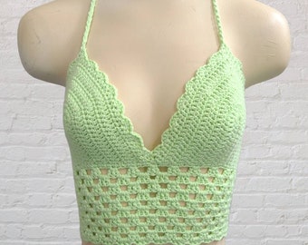 Crochet Bikini Top, Boho Style Bralette, Summer Crop Top, Cropped Halter, Light Green, Women's Clothing, Cotton Crochet Shirt, MADE TO ORDER