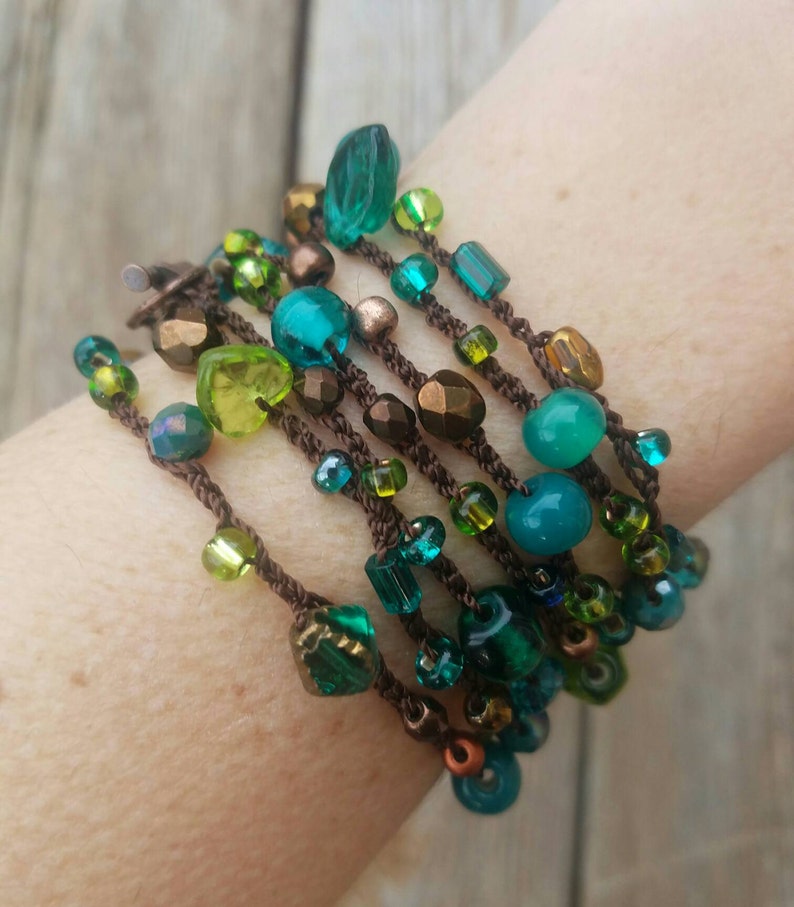 Versatile Long Necklace 7X Wrap Bracelet Headwrap Beaded Necklace Crochet Necklace Glass Bead Necklace Teal Copper Green Brown MADE TO ORDER