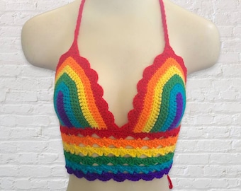 Rainbow Crochet Bikini Top, Pride Festival Bralette, Handmade Rainbow Halter Top, Lace-Up Back Crochet Crop Top- Custom Size Crochet Top