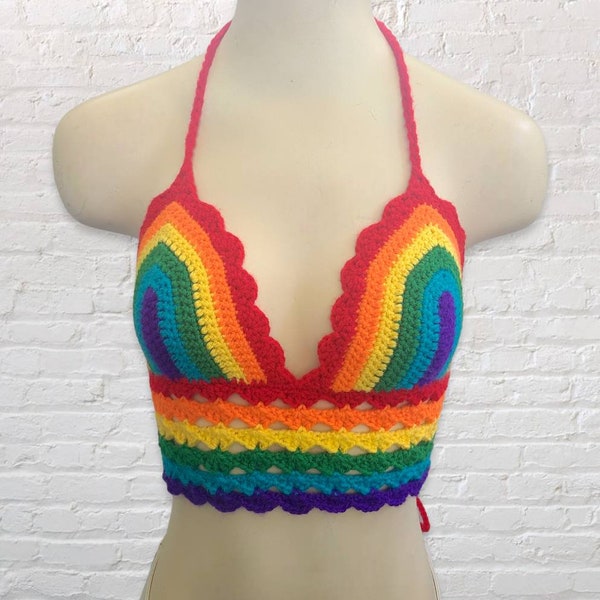 Crochet Rainbow Bikini Top, Crochet Rainbow Halter Top, Pride Colorful Crop Top, Crocheted Bralette, Music Festival , Lgbtq, MADE TO ORDER