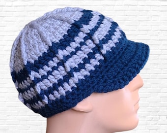 Men’s Wool Blend Crocheted Brim Hat – Handmade Navy Blue and Gray Striped Beanie Cap, Chunky Crochet Winter Hat for Him, Warm Gift for Men
