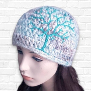 Bonnet en laine au crochet : bonnet d'hiver Tree of Life gris et bleu sarcelle