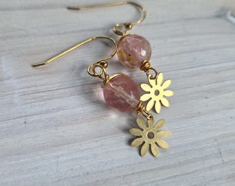 Pink Gemstone Flower Earrings, Gold Floral Earrings, Boho Dangle Earrings, Handmade Gemstone Jewelry, Nature Inspired Gift