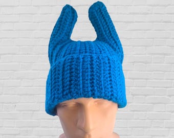 Bunny Inspired Beanie with Horns, Crochet Bunny Hat, Hat With Bunny Ears, Gray Crochet Beanie, Cute Evil Bunny Beanie -Blue