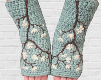 Wool Fingerless Gloves, Cream Arm Warmers with Cherry Blossom Embroidery, Women's Fingerless Gloves, Christmas Gift for Het