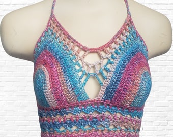 Pastel Rainbow Crochet Halter Top: Boho Festival Bralette