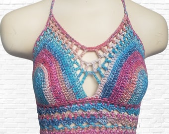 Crochet Halter Top, Crochet Bralette, Boho Bikini, Crochet Crop Top, Music Festival Outfit, Colorful Crochet Top, Crochet Clothing, Colorful