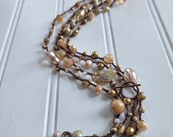 Czech Glass Bead Crochet Necklace: Boho Wrap Bracelet, Earth Tone