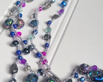 Long Crochet Beaded Necklace: Blue, Pink, & Silver Jewelry